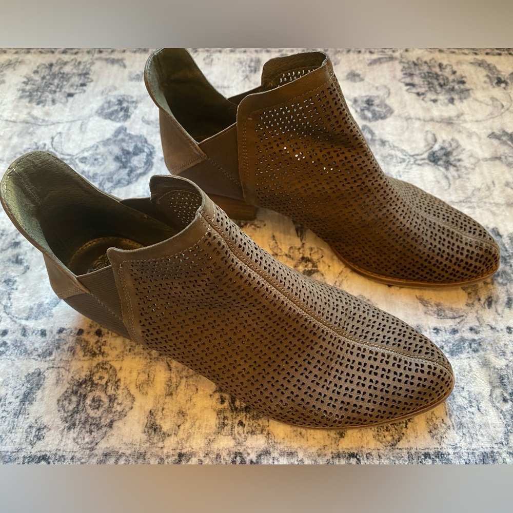 Vince Camuto Dark Brown Perforated Leather Suede Ankle Booties